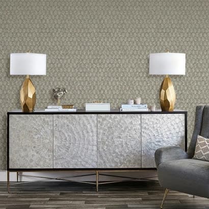 Fan-print wallpaper, olive & gold