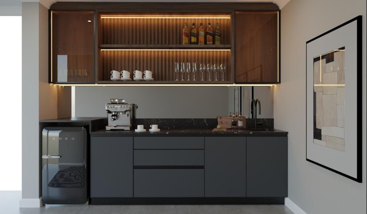 Wet bar cabinetry, backlit fluted display