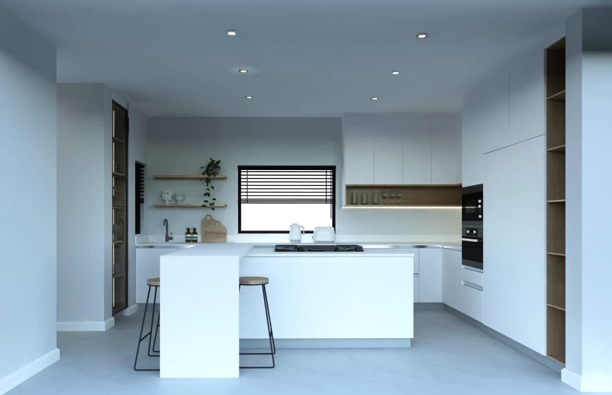 White kitchen island, open wood shelving