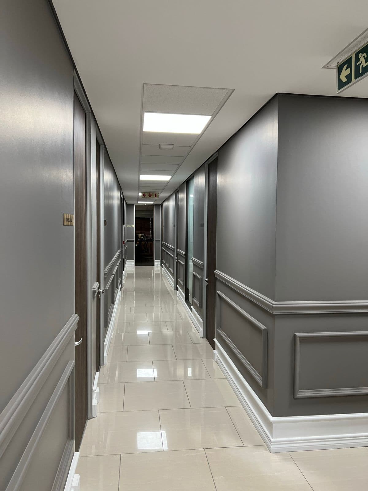 Office corridor, panel moulding wainscoting