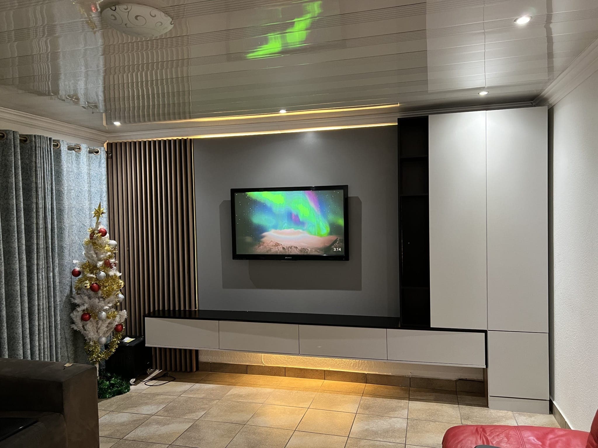 TV media wall, slat panel and tall storage