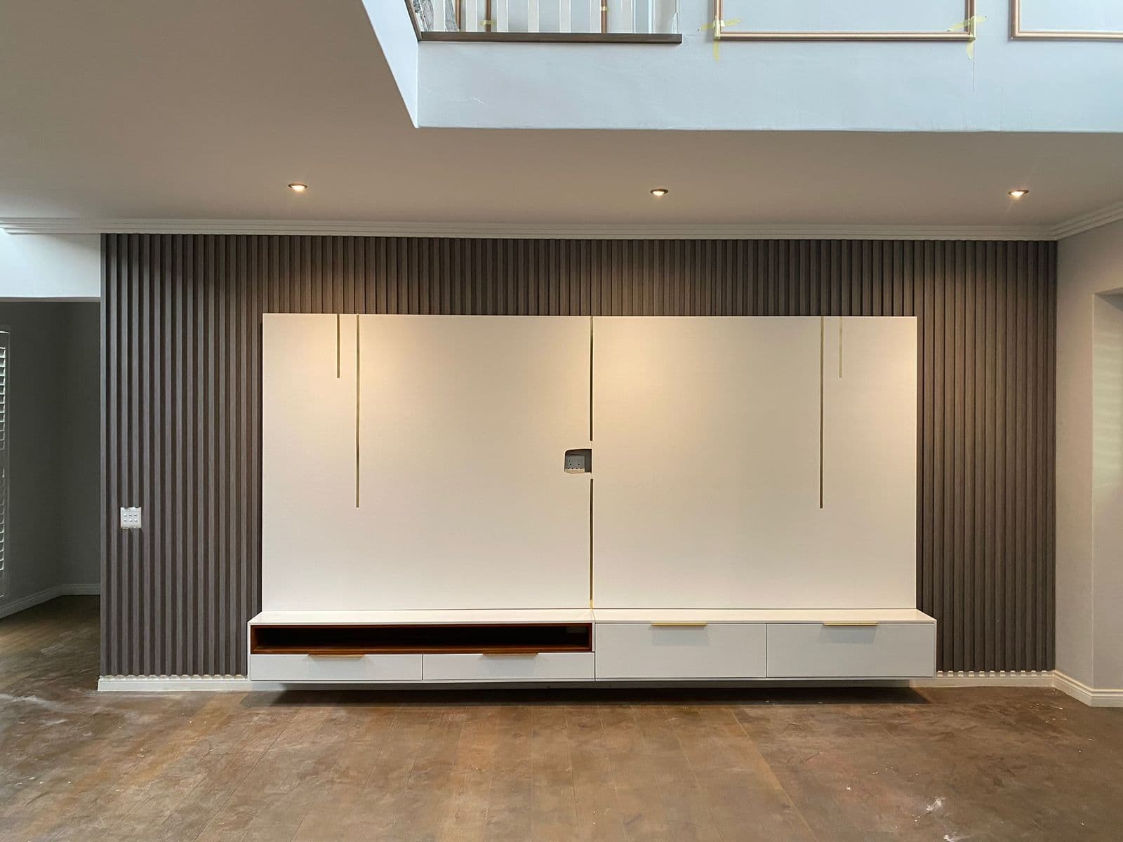 TV media wall, fluted slat panelling