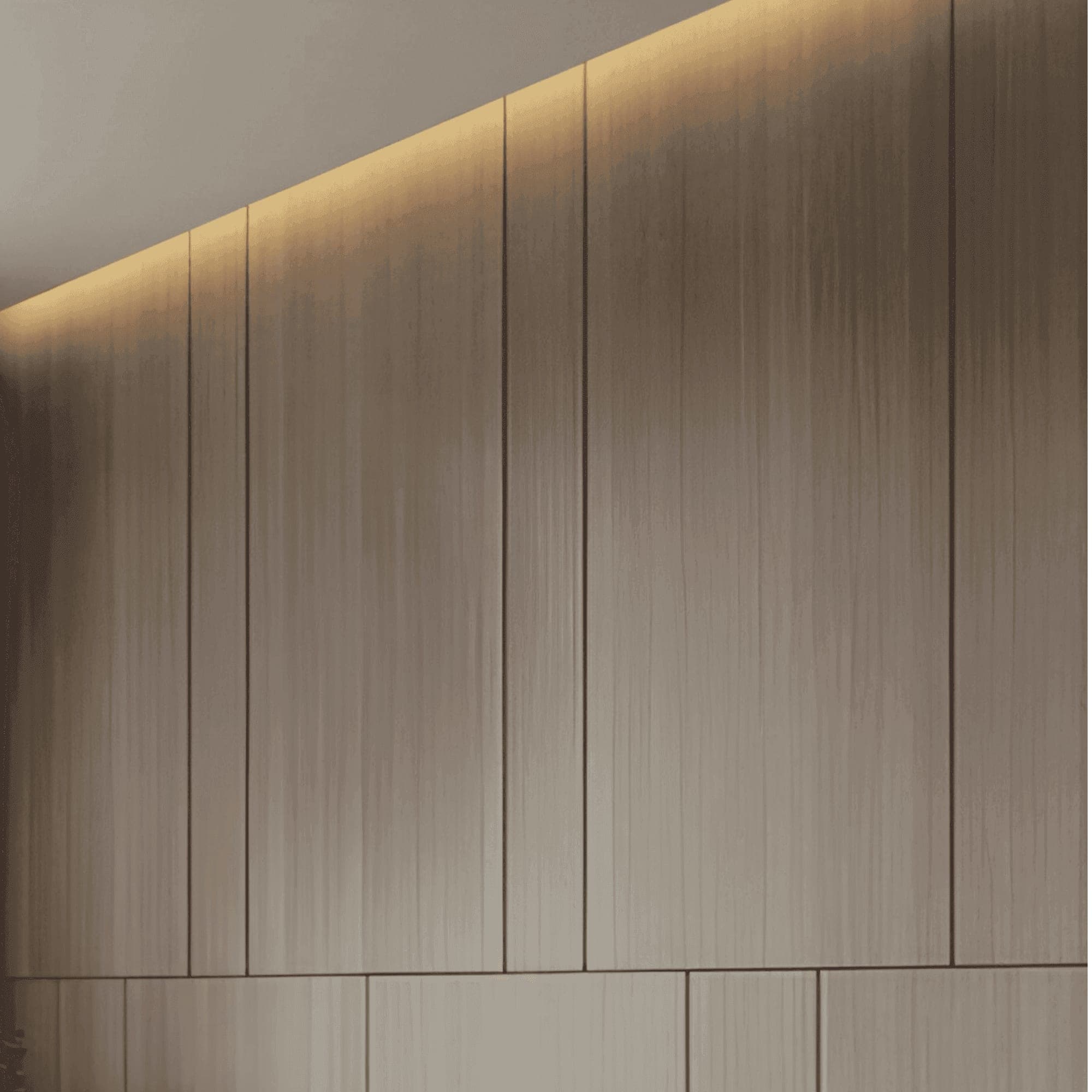 Fluted wood panel, backlit warm glow