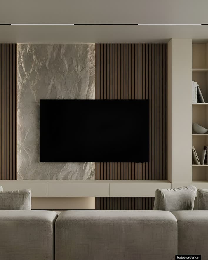 PU stone panels between wood cladding, living room