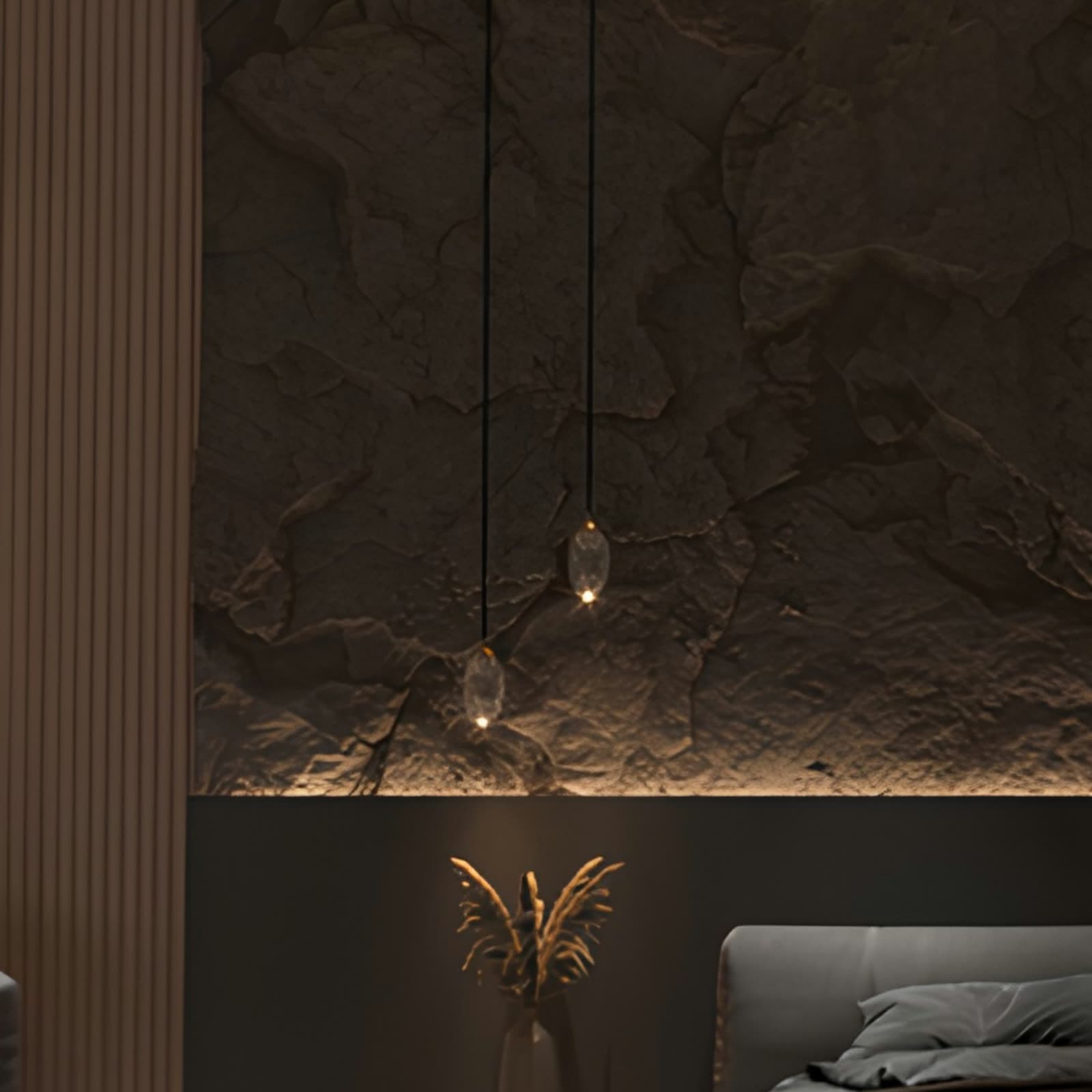 PU stone wall, pendant lighting, bedroom