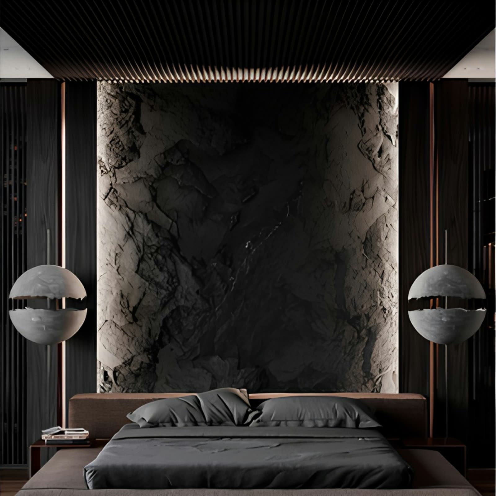 PU stone accent wall, dark bedroom