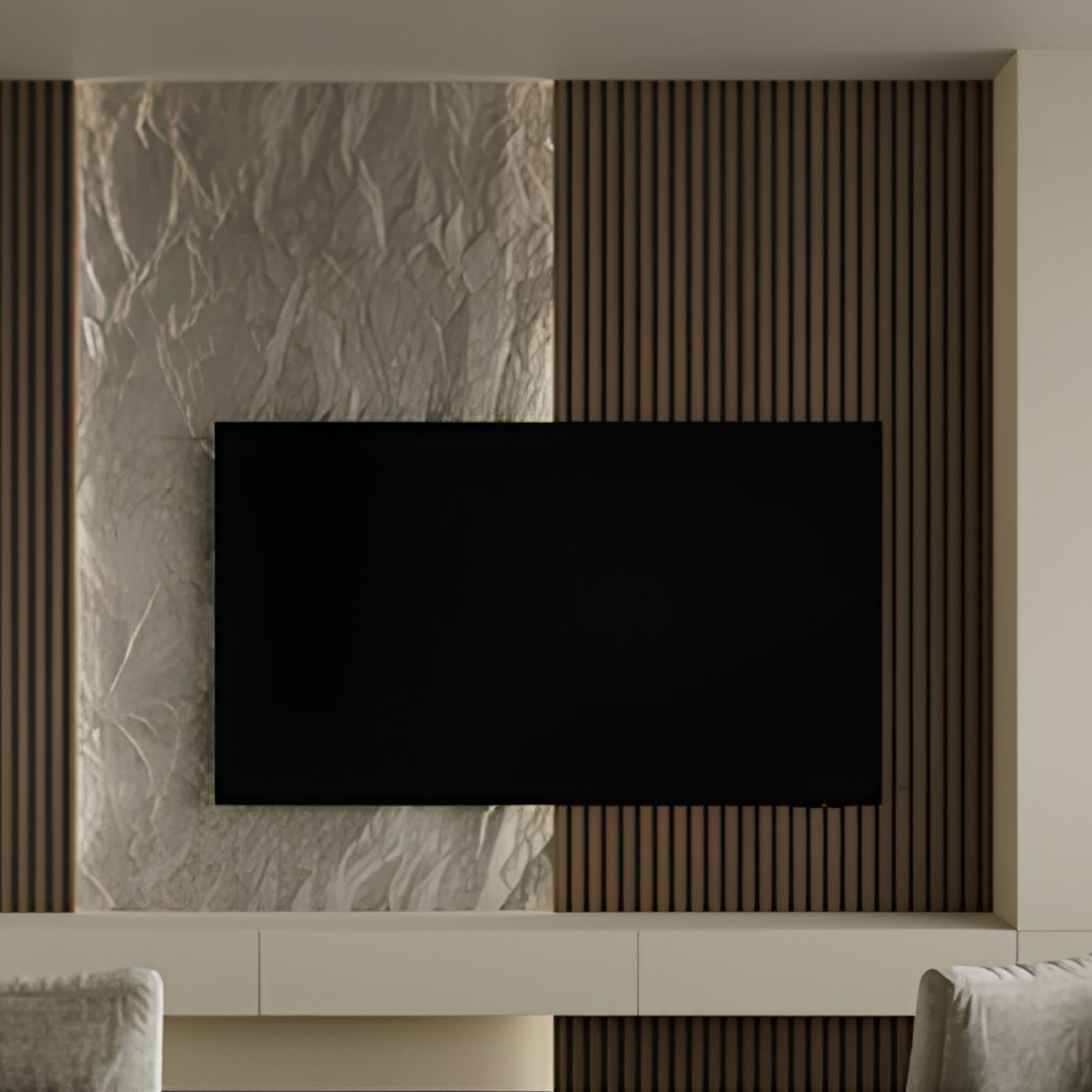 PU stone TV wall, mixed wood and stone