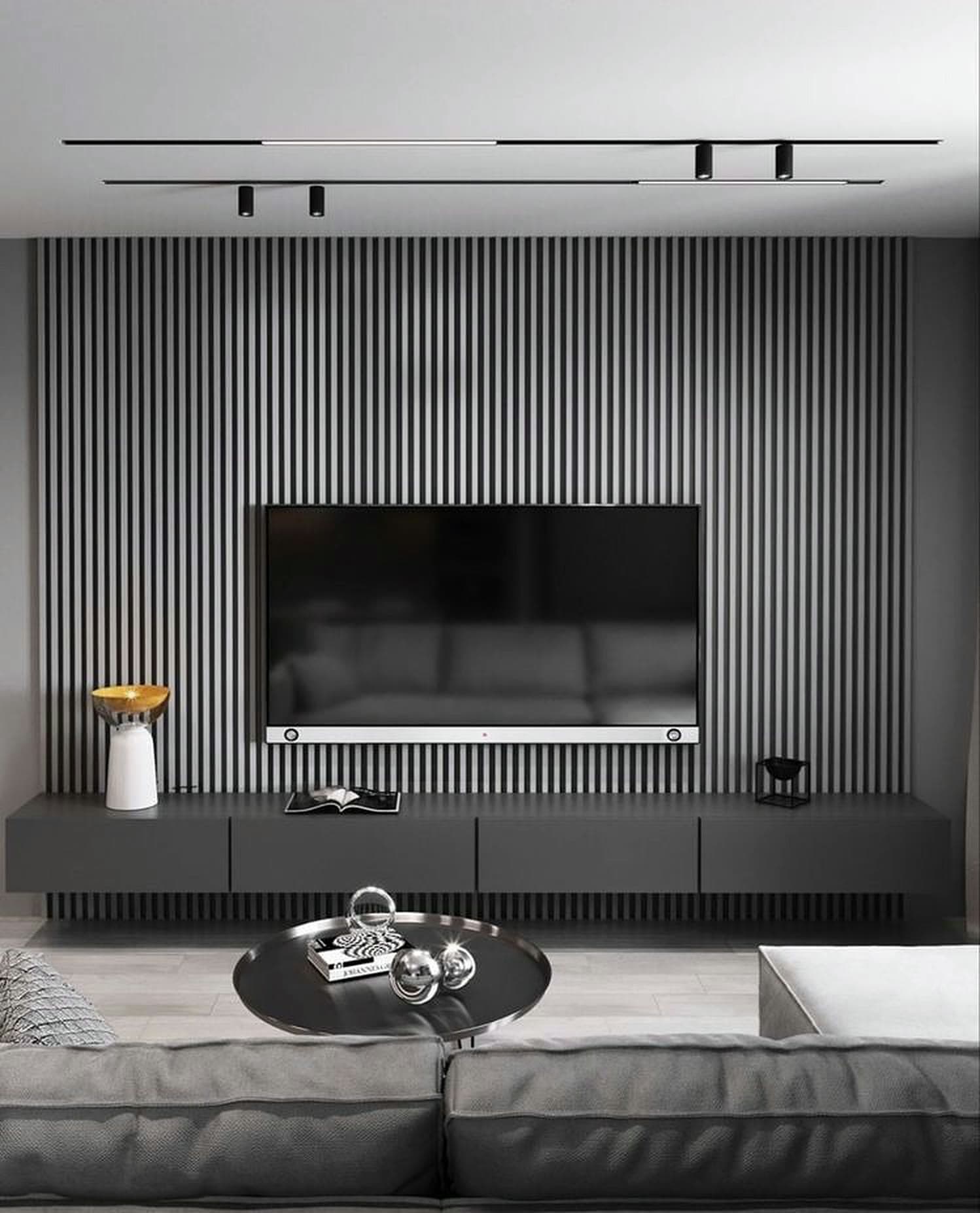 Finish reference — grey slat, media wall