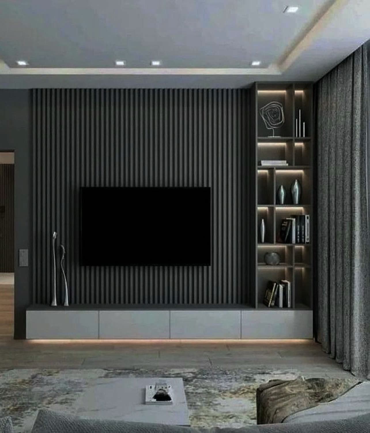 Finish reference — grey slat, TV feature wall