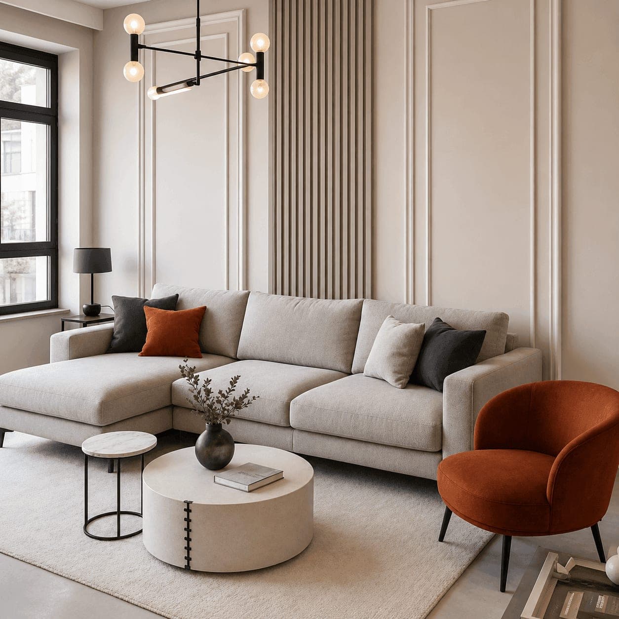 Fluted panel accent, living room lounge