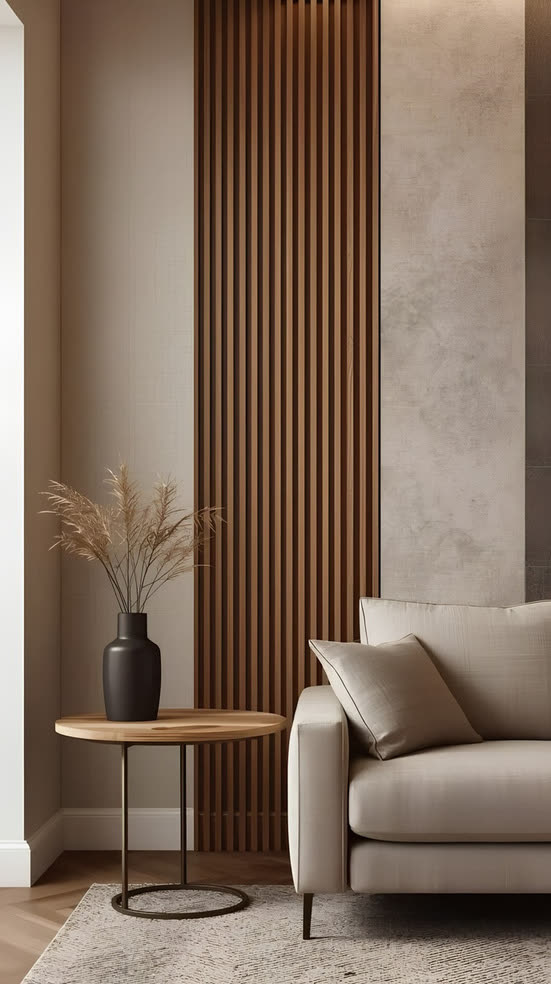 Wood slat panel, mixed-texture wall