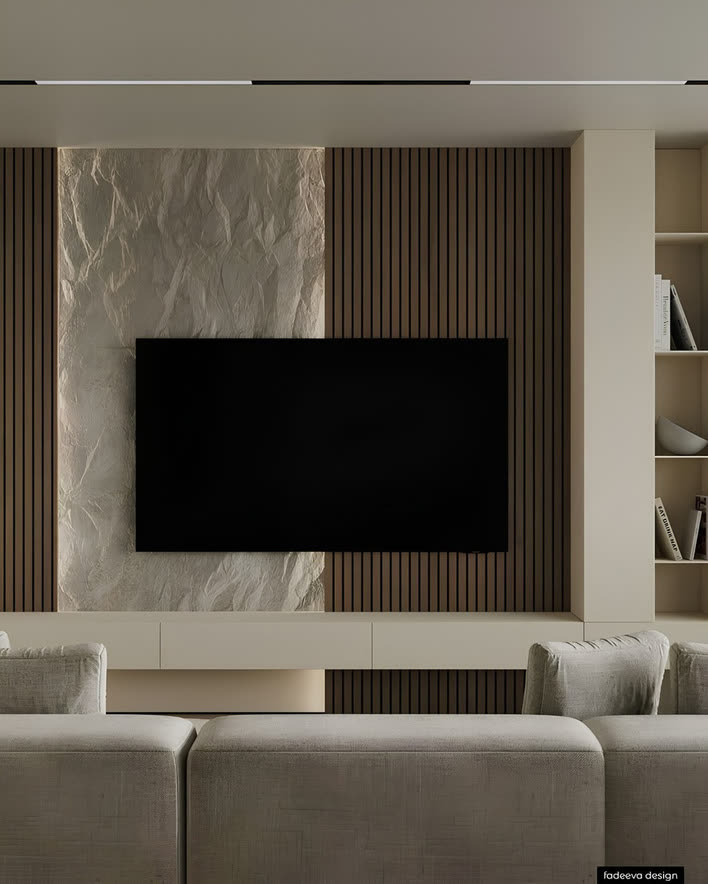 PU stone panels between wood cladding, living room