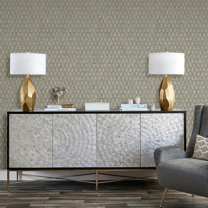 Fan-print wallpaper, olive & gold