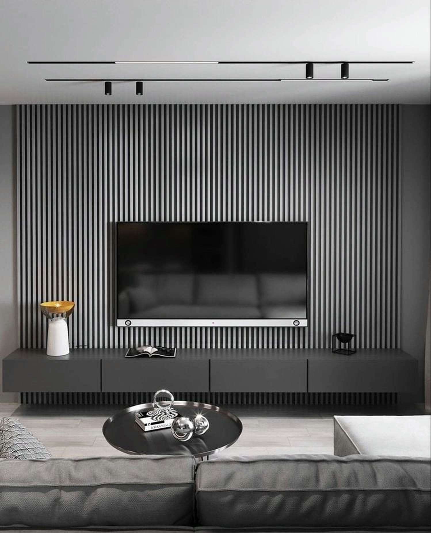 Finish reference — grey slat, media wall