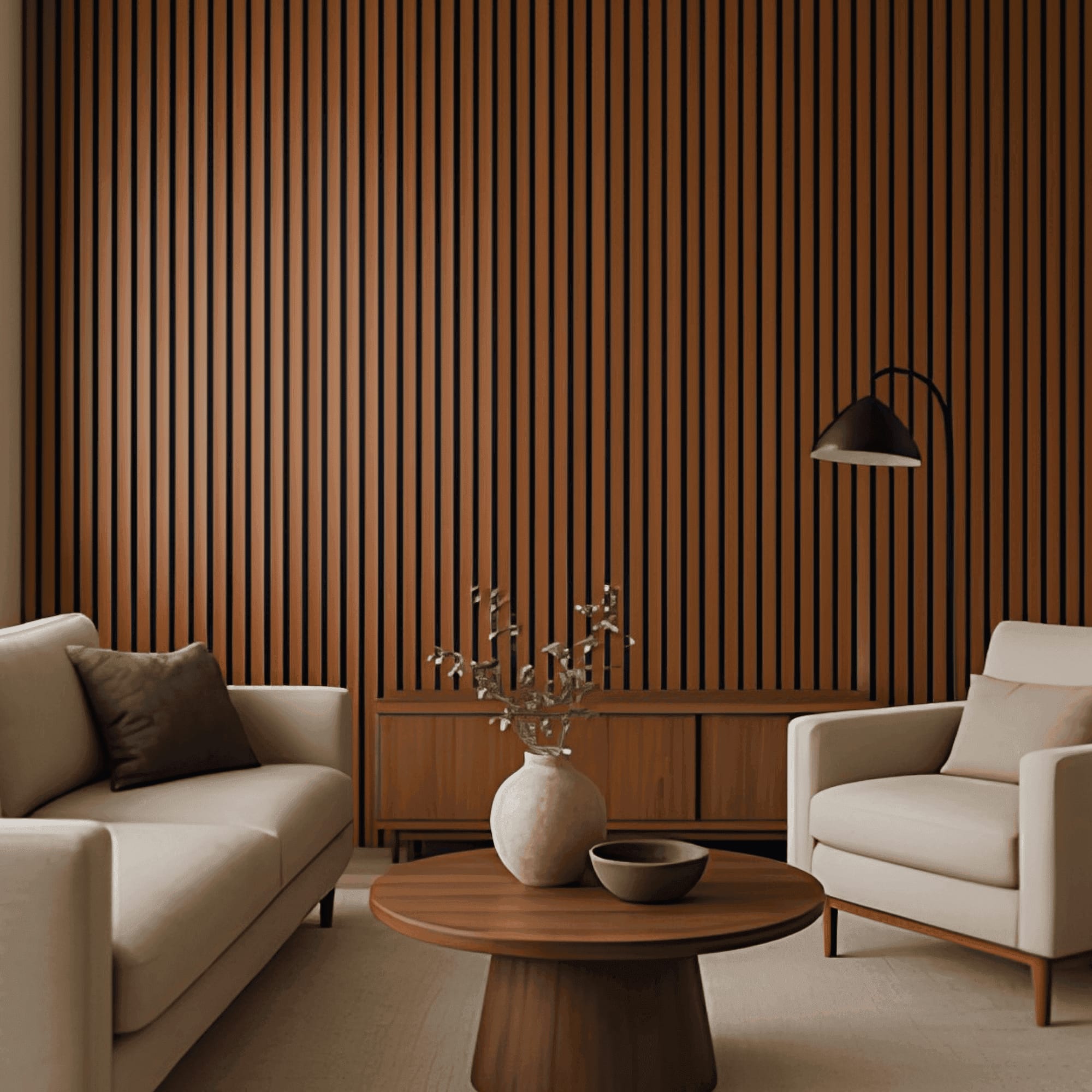 Fluted panel wall, backlit warm glow